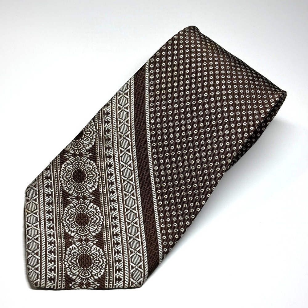 VTG Luxura of Superba Tie Mens OS Brown Silver Geometric Medallion Acetate Retro